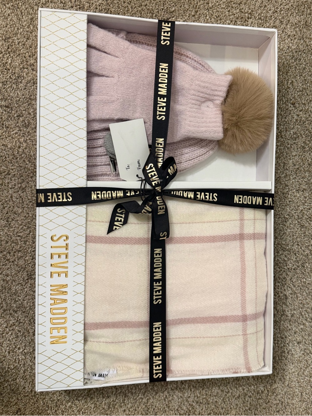 New Steve Madden Pink Pom Beanie & Plaid Scarf Gift Set